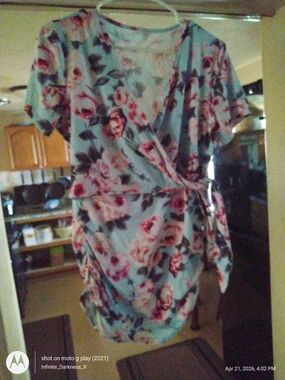 Floral Wrap Front Short Sleeve - Pink Roses on Light Blue